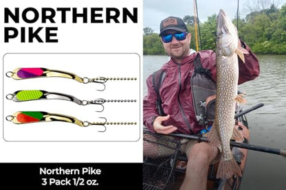 IRON DECOY Spoon Fishing Lures 3-Pack, Multi-Species Metal Spoons for Trout, Walleye, Bass, Salmon, Pike, Ice Fishing & Trolling, Vibrating Spoon Lure Kit - color: Northern Pike, 1/2 oz