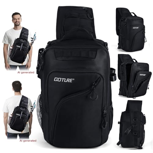 Goture Black Fishing Bag with Tackle Boxes, Crossbody Sling Tackle Backpack for Men, 20L Large Capacity Fits 3600 Trays, Durable Fishing Gear Storage, Best Fishing Gifts for Anglers - color: Black, style: 1680d Double-strand Pu Backpack + (3)3600 Trays