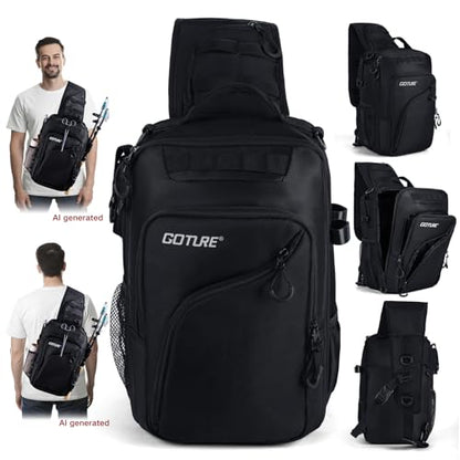Goture Black Fishing Bag with Tackle Boxes, Crossbody Sling Tackle Backpack for Men, 20L Large Capacity Fits 3600 Trays, Durable Fishing Gear Storage, Best Fishing Gifts for Anglers - color: Black, style: 1680d Double-strand Pu Backpack + (3)3600 Trays