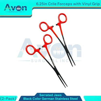 6.25" Multi-Purpose Hemostat Forceps Pliers, Locking, Red Vinyl Grip Handle, Black, German Stainless Steel | Fishing Pliers, Fish Hook Removing, Crafts, Electronics (Set of 2)