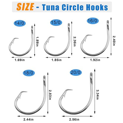 Saltwater Tuna Giant Circle Hooks 8/0-28/0 Stainless Steel Fishing Hooks Big Game Fishing Hooks in-line Circle Hooks for Swordfish Tuna Shark - size: 10/0, 20pack