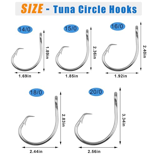 Saltwater Tuna Giant Circle Hooks 8/0-28/0 Stainless Steel Fishing Hooks Big Game Fishing Hooks in-line Circle Hooks for Swordfish Tuna Shark - size: 8/0, 20pack