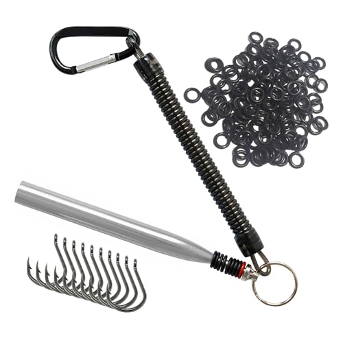Reaction Tackle Wacky Rig Tool and O-Rings for Soft Plastic Worms, Bass Fishing Wacky Rig and Neko Rig Stick Bait Setup for Largemouth and Smallmouth - color: Silver Tool plus 125 O-rings +10 hooks