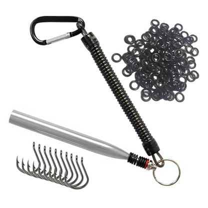 Reaction Tackle Wacky Rig Tool and O-Rings for Soft Plastic Worms, Bass Fishing Wacky Rig and Neko Rig Stick Bait Setup for Largemouth and Smallmouth - color: Silver Tool plus 125 O-rings +10 hooks