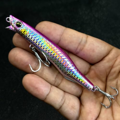 Saltwater Fishing Lures Kit, 3pcs Fishing Sriper Lures Minnow Lures Deep Diving Jerkbait, Crankbait Popper Plugs Hardbaits with Treble Hooks for Inshore Offshore Ocean Sea Fishing (A1-3.7'' 0.75oz)