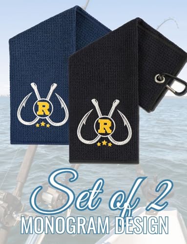 Embroidered Fishing Towels with Clip, Personalized Microfiber Towel Accessories for Fishing Lovers, 16x16 Inches, Pack of 2, Initial R - color: R