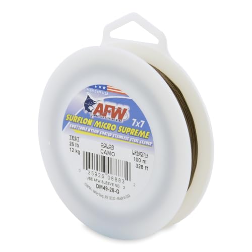 American Fishing Wire Surflon Micro Supreme Nylon Coated 7x7 Stainless Steel Leader Wire - Knottable Wire Leaders for Fishing Saltwater, Fly Fishing, 13lb Test - 90lb Test, Bright, Black & Camo Colors - color: Camo, style: 100 Meter, 26 Pound Test