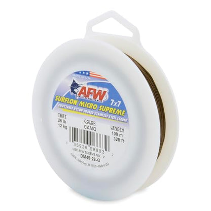 American Fishing Wire Surflon Micro Supreme Nylon Coated 7x7 Stainless Steel Leader Wire - Knottable Wire Leaders for Fishing Saltwater, Fly Fishing, 13lb Test - 90lb Test, Bright, Black & Camo Colors - color: Camo, style: 100 Meter, 26 Pound Test