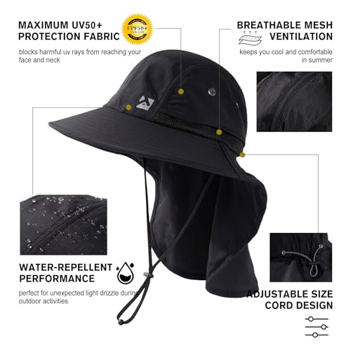 Oversized XL XXL Mens Sun Hat Big Head Neck Flap Shade Waterproof UPF50+ Wide Brim Hat Fishing Safari Hiking - color: Black, size: Medium-Large