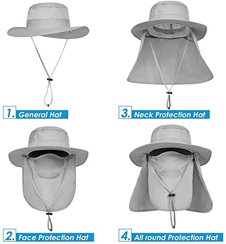 IYEBRAO Mens Outdoor Sun Hat with Face Neck Flap UV Protection Wide Brim Fishing Hat for Hiking Safari Gardening UPF 50+ - color: 2 Pack-light Gray & Khaki