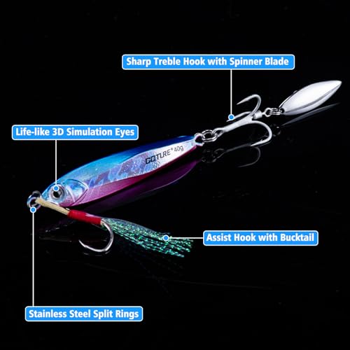 Goture Fishing Jigs, 40g 60g Vertical Jig Saltwater Freshwater, Jig Fishing Lures with Assist Hooks and Treble Hook, Jigging Spoon Lures for Tuna, Salmon,Striped Bass, Grouper Snapper,Kingfish - color: A2:3pcs Fishing Jigs, size: 1.41oz/40g