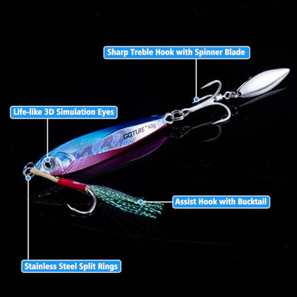 Goture Fishing Jigs, 40g 60g Vertical Jig Saltwater Freshwater, Jig Fishing Lures with Assist Hooks and Treble Hook, Jigging Spoon Lures for Tuna, Salmon,Striped Bass, Grouper Snapper,Kingfish - color: A1:3pcs Fishing Jigs, size: 1.41oz/40g