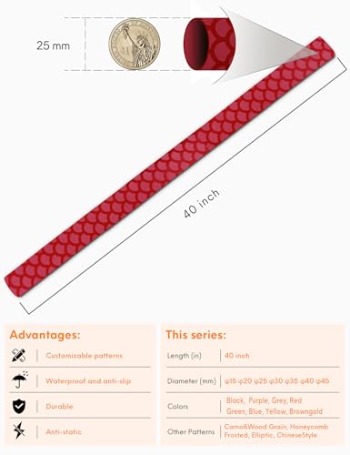 Accering Fishscale Non Slip Fishing Rod Handle Wrap (φ25mm, Red) | L3.3ft | 1.8:1 shrink ratio. Non slip fishing rod handle wrap for carbon fiber hiking stick & hockey stick grip. - color: Red, size: φ25mm, L3.3ft