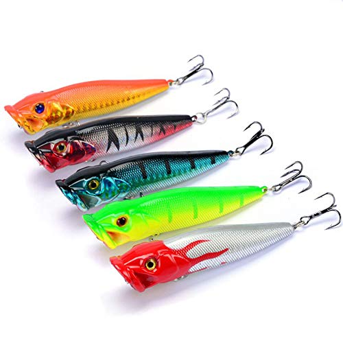 5pcs Fishing Bass Lures Popper Lure Shallow Swimbait Crankbait with Treble Hook 3D Fishing Eyes for Bass Trout Freshwater and Saltwater