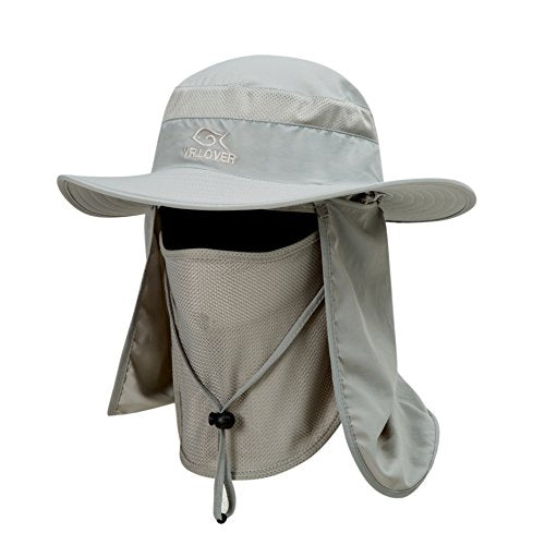 YR.Lover Outdoor UV Sun Protection Wide Brim Fishing Cap with Removable Flap - color: Light Gray