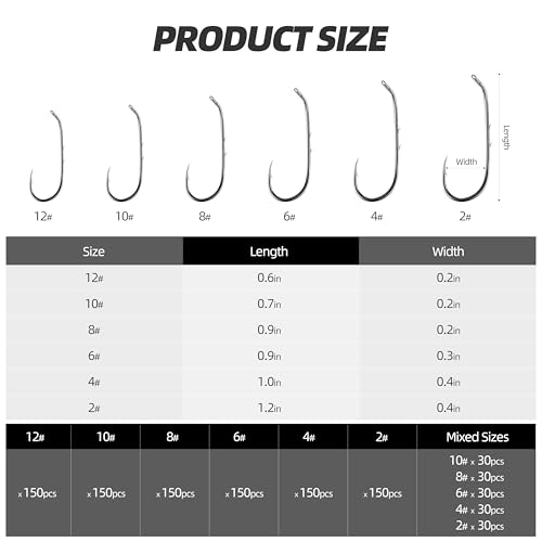 Offset Worm Hooks with Dual Barbs – High Carbon Steel Fishing Hooks for Soft Plastic Baits, Freshwater & Saltwater, 150 Count Bulk Pack with 6 Sizes & Mixed Assortment - size: 12#