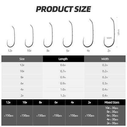Offset Worm Hooks with Dual Barbs – High Carbon Steel Fishing Hooks for Soft Plastic Baits, Freshwater & Saltwater, 150 Count Bulk Pack with 6 Sizes & Mixed Assortment - size: 12#