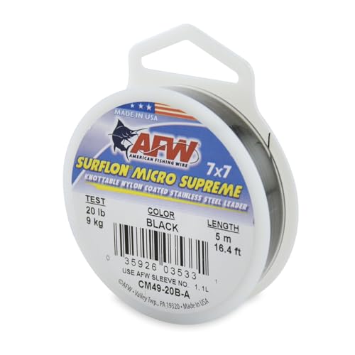 American Fishing Wire Surflon Micro Supreme Nylon Coated 7x7 Stainless Steel Leader Wire - Knottable Wire Leaders for Fishing Saltwater, Fly Fishing, 13lb Test - 90lb Test, Bright, Black & Camo Colors - color: Black, style: 5 Meter, 20 Pound Test