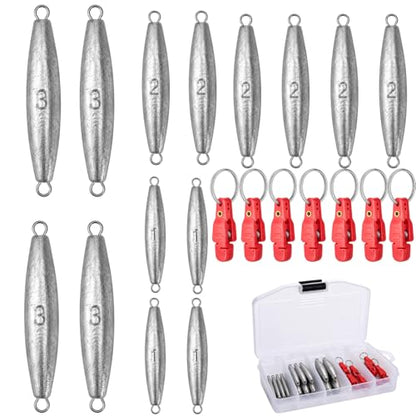 Torpedo Sinkers Fishing Weights Kit 21PCS (1oz, 2oz, 3oz), Inline Trolling Weights Set with Clips for Depth Control, Lead Trolling Sinkers for Walleye Salmon Lake & Deep Water Fishing