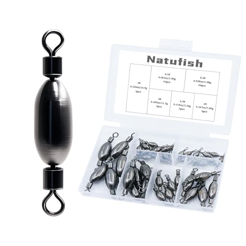 Natufish Fishing Sinkers – Bullet Weights, Drop Shot Weights, Bank Fishing Weights with Quick-Change Swivel for Saltwater/Freshwater – Brass Lead Weights Fishing Kit for Bass, Catfish - size: 40pcs-Six Sizes