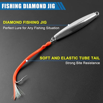 Diamond Jig Saltwater Fishing Lures Casting Jigging Spoon with Tube Tail Stainless Steel Hooks Trolling Lures Striped Bass Metal Jig for Deep Sea Surf Fishing Bottom Dragging Sinking - color: Red, size: 6 oz
