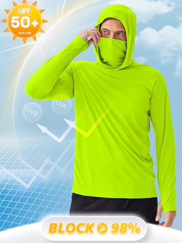 PINSPARK Men's Sun Protection Hoodie with Mask UPF 50+ UV Long Sleeve Shirt Men Rash Guard Performance Fishing Hiking Shirt - color: Lemon Green, size: XX-Large