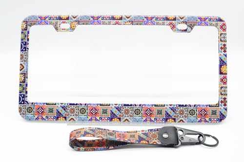 1-Pack Mexican Tiles License Plate Frames for Women Man, 2 Holes Mandala Boho Aluminum License Plate Holder,License Plate Cover fits Vehicles 12.3" x 6.3" with Keychain Wrist Lanyard - color: Boho Mandala Mexican Tiles, size: 1PCS
