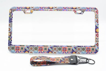 2-Pack Mexican Tiles License Plate Frames, 2 Holes Mandala Boho Aluminum License Plate Holder for Women Man License Plate Cover fits Vehicles 12.3" x 6.3" with Keychain Wrist Lanyard - color: Boho Mandala Mexican Tiles, size: 2PCS