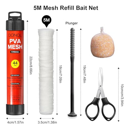 DONQL 5M PVA Mesh Carp Fishing with Scissors, 45" Fast Water Soluble Mesh Bags Refill Bait with Plunger, PVA Bags Carp Fishing Refill Stocking for Boilie Rig Pellets Bags Holder - size: 44mm