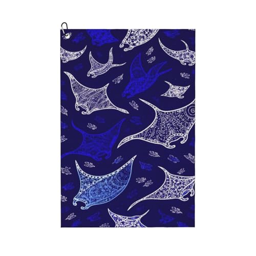 Manta Ray and Fish Golf Towel 16" X 24" with Clip Golfer Bags Accessories Gifts - color: Manta Ray and Fish