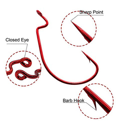 50pcs Fishing Worm Hooks High Carbon Steel Wide Gap Offset Saltwater Freshwater Extra Strong Circle Jig Worm Fishing Hooks for Bass Trout with Box Packed #1/0-5/0 - color: red