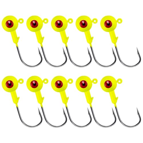 Alwonder 10-Pack Round Fishing Jig Heads, Bass Ball Jigs Hooks 3D Eyes High Carbon Steel 1/8-1/2OZ Pompano Jig Head Saltwater Freshwater Jigs Heads for Fishing Pompano Bass Trout Walleye Striper - color: Yellow, size: 3/8oz