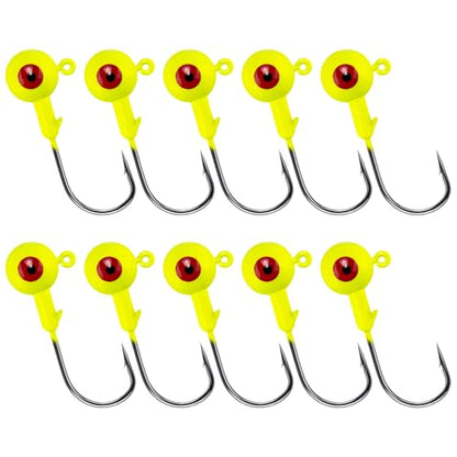 Alwonder 10-Pack Round Fishing Jig Heads, Bass Ball Jigs Hooks 3D Eyes High Carbon Steel 1/8-1/2OZ Pompano Jig Head Saltwater Freshwater Jigs Heads for Fishing Pompano Bass Trout Walleye Striper - color: Yellow, size: 1/4oz