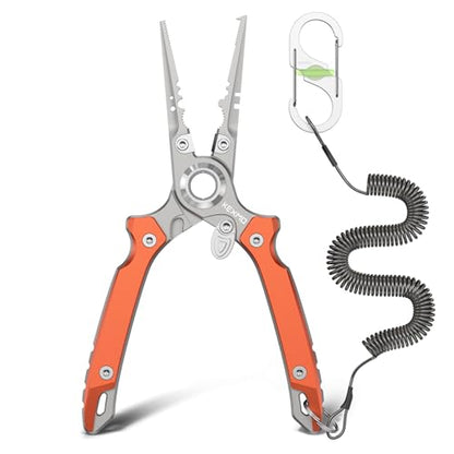 KEXMO 17-4 Stainless Steel Fishing Pliers, Anti-Twist Saltwater Hook Remover Tool, 7.17" Split Ring Pliers with Tungsten Cutters, Lightweight Aluminum Scales, Luminous Locking S-Carabiner - color: Orange