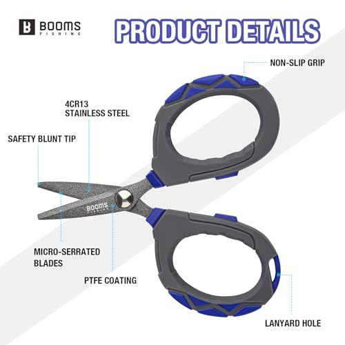 Booms Fishing Braided Line Scissors: Micro-Serrated Stainless Steel Blades Line Cutter - XW01 4.1" Fishing Serrated Shears with Coiled Lanyard - style: Scissors + Coiled Lanyard