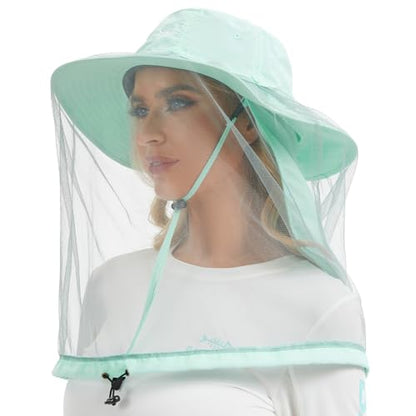 BASSDASH UPF 50+ Mosquito Sun Hat with Hidden Head Net and Neck Flap for Men Women Outdoor Fishing Hiking Camping - color: Pastel Teal