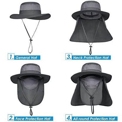 IYEBRAO Mens Outdoor Sun Hat with Face Neck Flap UV Protection Wide Brim Fishing Hat for Hiking Safari Gardening UPF 50+ - color: 2 Pack-dark Gray＆light Gray