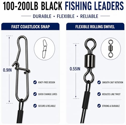 Stainless Steel Fishing Wire Leaders, Black Coated & Uncoated Options, Heavy Strength 31–100LB, 6–21in Multi Sizes with Rolling Swivels Snaps for Salt Fresh Water Shark Pike Barracuda - color: 35pcs-21.26in(100LB-200LB)