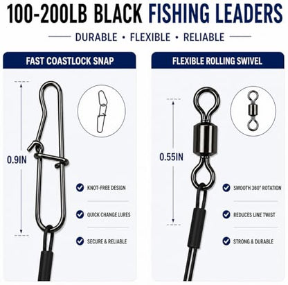 Stainless Steel Fishing Wire Leaders, Black Coated & Uncoated Options, Heavy Strength 31–100LB, 6–21in Multi Sizes with Rolling Swivels Snaps for Salt Fresh Water Shark Pike Barracuda - color: 35pcs-21.26in(100LB-200LB)