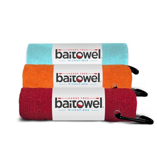 Bait Towel 3 Pack Fishing Towels with Clip, Plush Microfiber nap Fabric, 16x16, The Original Bait Towel Value 3 Pack - color: Caribbean-orange-red