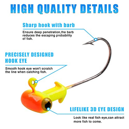 Fishing Jig Heads Kit,Football Painted Head Jig Hook with Double Eye Glow Crappie Bass Jig Head Hooks 1/8oz 3/16oz 1/4oz Fishing Jig Hooks for Freshwater Saltwater - color: Crappie Jig heads-1/4 oz-30 Pack