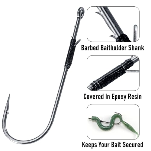 Dr.Fish 30 Pack Worm Hooks Round Bend Straight Shank with Baitholder, Heavy Cover Hooks for Bass Fishing, Flipping Punching & Pitching Texas Drop Shot Neko Rig Freshwater - size: 1#-30 Pack