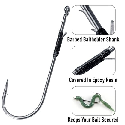 Dr.Fish 30 Pack Worm Hooks Round Bend Straight Shank with Baitholder, Heavy Cover Hooks for Bass Fishing, Flipping Punching & Pitching Texas Drop Shot Neko Rig Freshwater - size: 1#-30 Pack