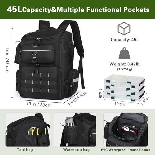Fishing Backpack with Rod Holder | Large, Water Resistant, Tackle Storage Bag, Fishing Gear, Gifts for Men - color: Black
