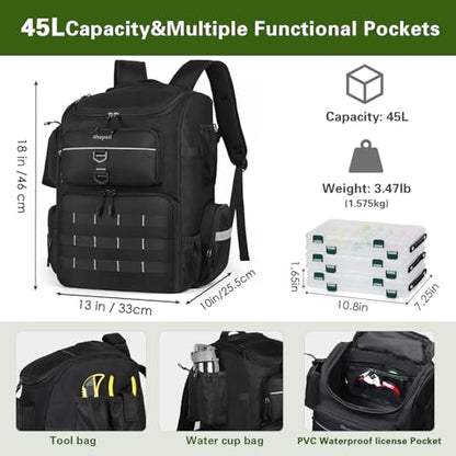 Fishing Backpack with Rod Holder | Large, Water Resistant, Tackle Storage Bag, Fishing Gear, Gifts for Men - color: Black