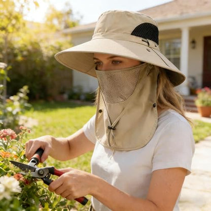 Sun Hat for Men and Women, UPF 50+ UV Protection, Wide Brim Breathable, Fish Hat with Neck Flap and Breathable Face Mask - color: Khaki