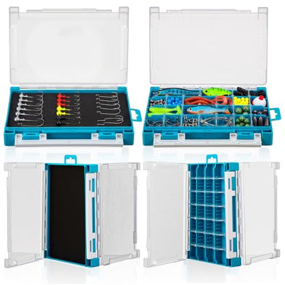 Wonderjune 4 Pack 3500 Double-sided Waterproof Fishing Tackle Boxes with Adjustable Dividers and EVA Foam Plastic Fishing Tackle Trays Clear Lures Storage Organizer for Jig Hook Bait (Blue)