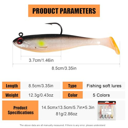 5 Pcs Pre-Rigged Soft Lures Swim Baits | Jig Head Paddle Tail Swimbaits for Bass Trout Walleye Freshwater and Saltwater