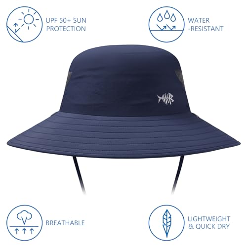 BASSDASH UPF 50+ Breathable Sun Hat with Removable Face Cover and Neck Flap Wide Brim Bucket Hat for Fishing Hiking Men Women - color: Dark Blue