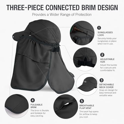 Palmyth Fishing Sun Hat with Detachable Neck Flap UPF 50+ Baseball Cap | Convertible Ventilation Panel, Sunglass Lock, Water Resistant, Foldable, Ventilation Holes, 3 Ways to Wear, Men & Women - color: Dark Grey